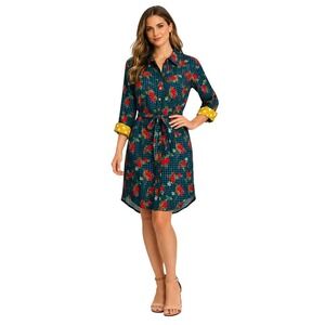 Matilda Jane Dress Womens S Teal Gingham Floral Button Front Belted Midi *NWT*